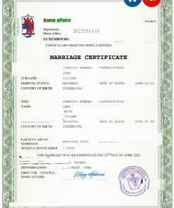 Luxembourg marriage certificate Word and PDF template, completely editable