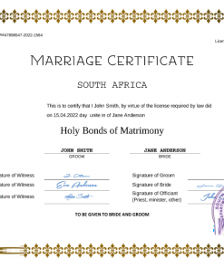 South Africa marriage certificate Word and PDF template, completely editable