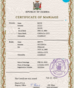 Zambia marriage certificate PSD template, fully editable