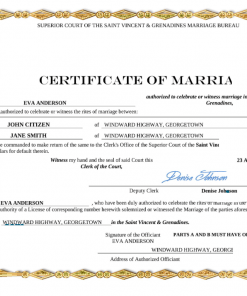 Saint Vincent and Grenadies marriage certificate Word and PDF template, fully editable