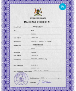 Uganda marriage certificate PSD template, completely editable