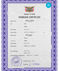 Yemen marriage certificate PSD template, completely editable