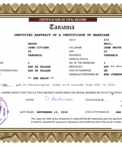 Tanzania marriage certificate Word and PDF template, completely editable