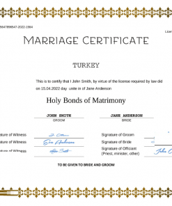 Turkey marriage certificate Word and PDF template, completely editable