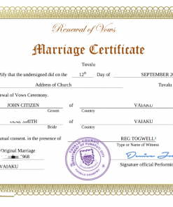 Tuvalu marriage certificate Word and PDF template, completely editable