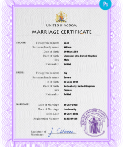 United Kingdom marriage certificate PSD template, fully editable