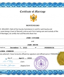 Montenegro marriage certificate Word and PDF template, fully editable