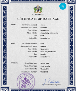 Saint Lucia marriage certificate PSD template, fully editable