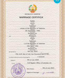 Tajikistan marriage certificate PSD template, completely editable