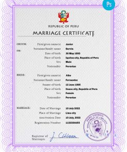Peru marriage certificate PSD template, fully editable
