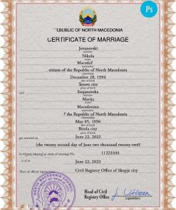 North Macedonia marriage certificate PSD template, fully editable