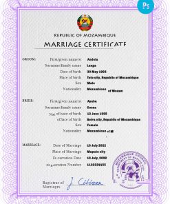 Mozambique marriage certificate PSD template, completely editable