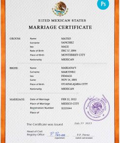 Mexico marriage certificate PSD template, fully editable