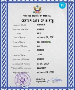 USA vital record birth certificate PSD template, fully editable