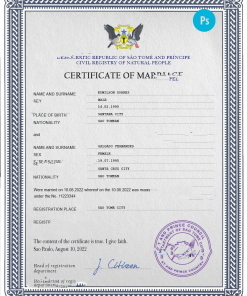 Sao Tome and Principe marriage certificate PSD template, completely editable