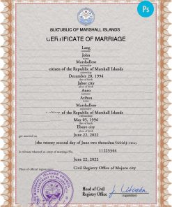 Marshall Islands marriage certificate PSD template, completely editable