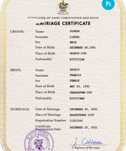 Saint Kitts and Nevis marriage certificate PSD template, fully editable
