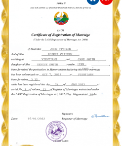 Laos marriage certificate Word and PDF template, completely editable