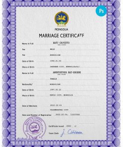 Mongolia marriage certificate PSD template, fully editable