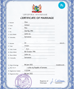 Suriname marriage certificate PSD template, completely editable