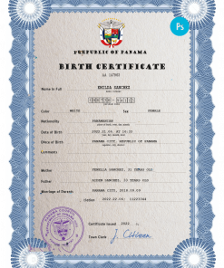 Panama vital record birth certificate PSD template, fully editable