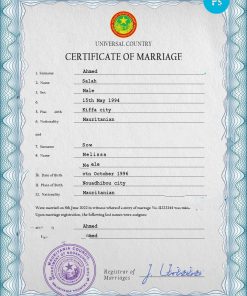 Mauritania marriage certificate PSD template, fully editable