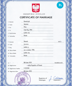 Poland marriage certificate PSD template, completely editable