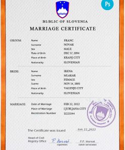 Slovenia marriage certificate PSD template, completely editable
