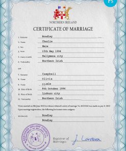 Northern Ireland marriage certificate PSD template, completely editable