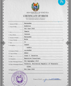Venezuela vital record birth certificate PSD template