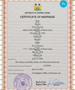 Sierra Leone marriage certificate PSD template, fully editable