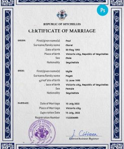 Seychelles marriage certificate PSD template, completely editable