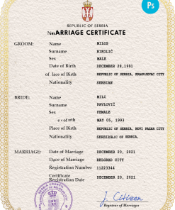 Serbia marriage certificate PSD template, fully editable