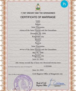Saint Vincent and the Grenadines marriage certificate PSD template, completely editable