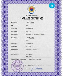 South Korea marriage certificate PSD template, fully editable