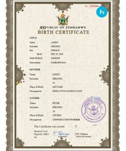 Zimbabwe vital record birth certificate PSD template