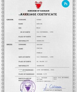 Bahrain marriage certificate PSD template, completely editable