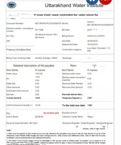 INDIA UTTARAKHAND WATER utility bill Word and PDF template