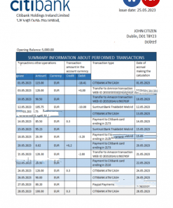 Ireland Citibank bank statement Word and PDF template