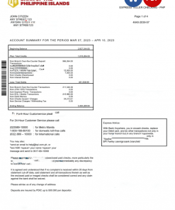 Philippines Bank of the Philippine Islands bank statement 2 pages