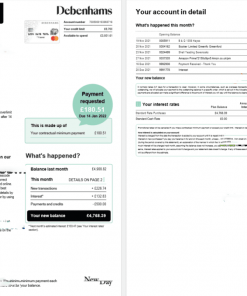 United Kingdom Debenhams card monthly statement Word and PDF template, 4 pages